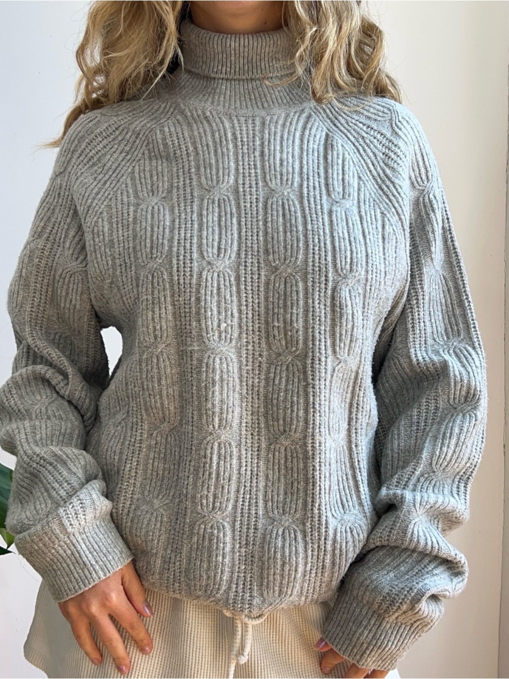 Mango Light Gray Cable-Knit Turtleneck Sweater